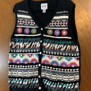 Vintage Blast Size Large Boho Embellished Multicolored Sweater Vest Shell Button